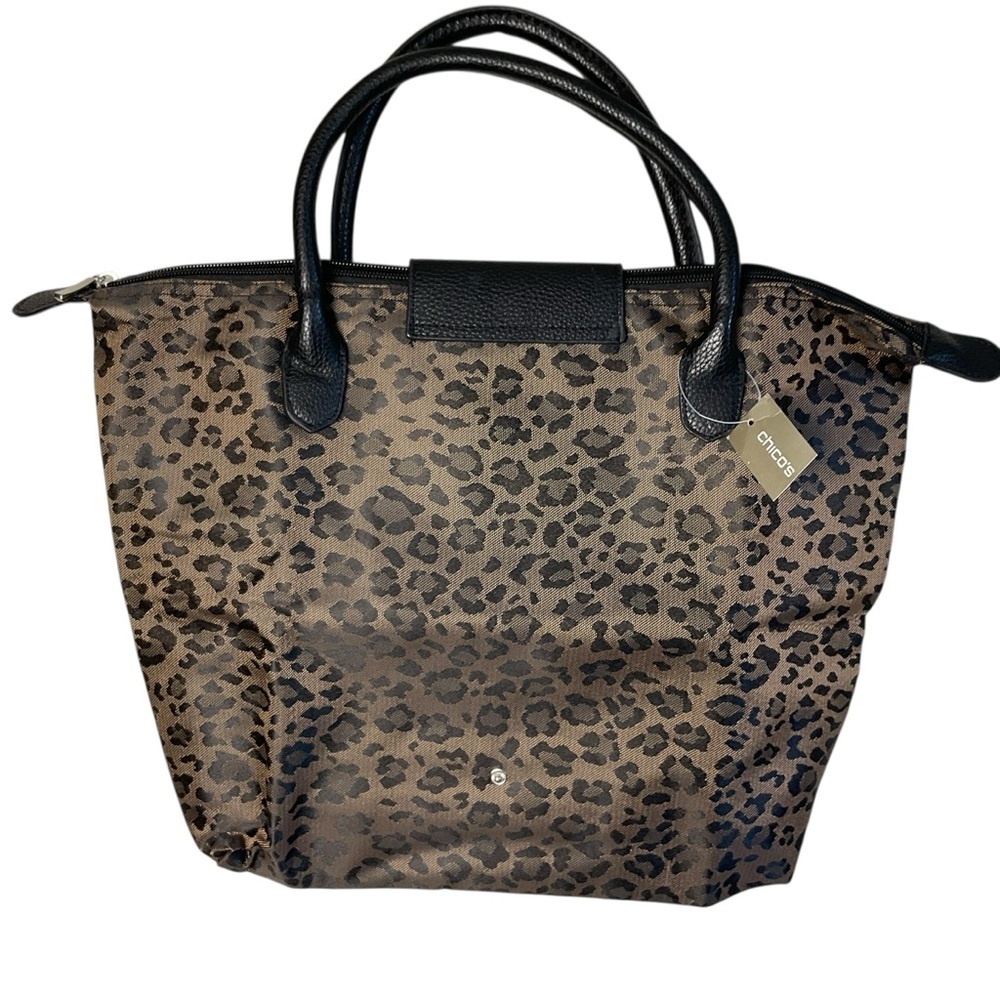 Leopard Print Foldable Tote Bag with Black Leather Trim — Chic Carryall - Picture 4 of 11